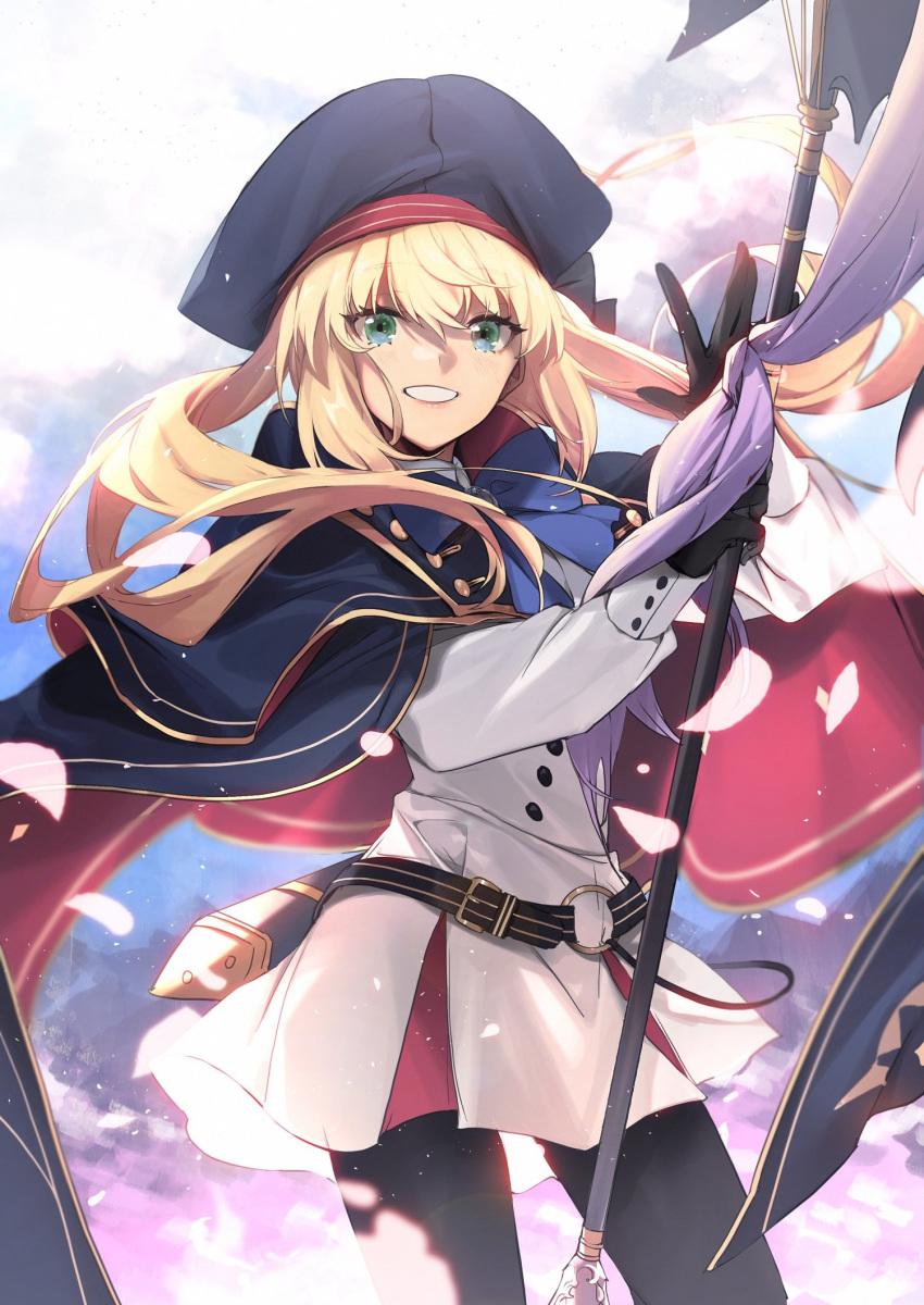 1girl artoria_pendragon_(all) artoria_pendragon_(caster) belt blonde_hair cowboy_shot eyebrows_visible_through_hair fate/grand_order fate_(series) gloves green_eyes hair_between_eyes hat highres holding holding_staff long_hair long_sleeves looking_at_viewer no-kan pantyhose sheath solo staff standing teeth