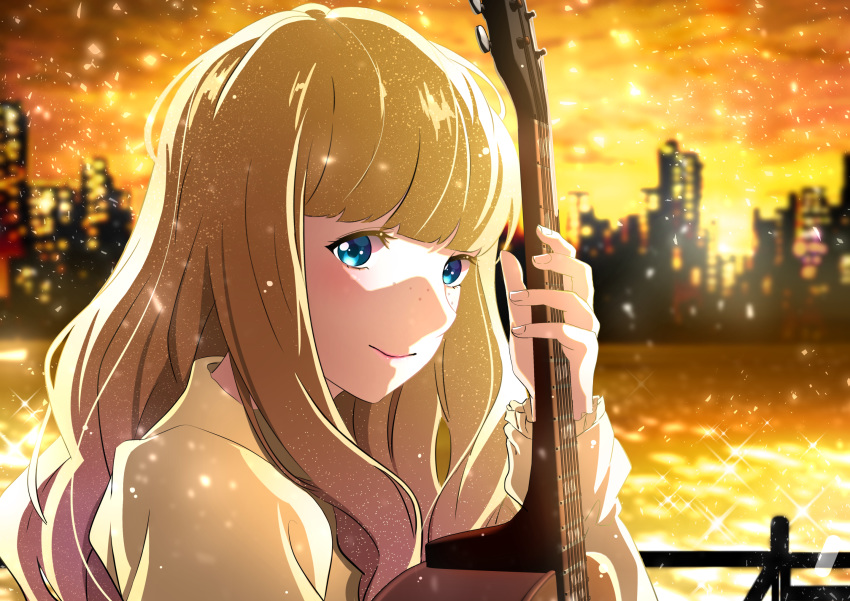 1girl acoustic_guitar backlighting bangs blonde_hair blue_eyes blunt_bangs blurry blurry_background bouquetforangel building carole_&amp;_tuesday city city_lights cityscape close-up closed_mouth clouds cloudy_sky curly_hair dark_sky eyelashes face fence fingernails freckles frilled_sleeves frills glowing gradient gradient_sky guitar happy high_collar highres holding holding_instrument instrument light_particles long_hair looking_at_viewer looking_to_the_side orange_sky outdoors river shaded_face shiny shiny_hair sky sleeves_past_wrists smile solo sparkle sunlight sunset tareme tuesday_simmons upper_body water yellow_sky