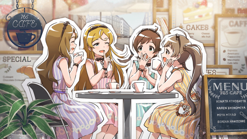 brown_eyes brown_hair dress hakozaki_serika idolmaster_million_live!_theater_days kinoshita_hinata long_hair minase_iori shinomiya_karen short_hair smile