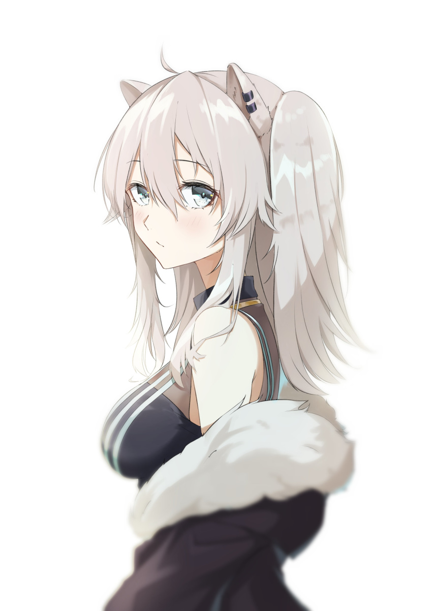 1girl absurdres ahoge animal_ears bare_shoulders blush breasts earrings eyebrows_visible_through_hair from_side fur-trimmed_jacket fur_trim grey_eyes grey_hair hair_between_eyes highres hololive hz_(helu_2) jacket jewelry large_breasts lion_ears lion_girl long_hair looking_at_viewer necklace shirt shishiro_botan simple_background solo virtual_youtuber white_background