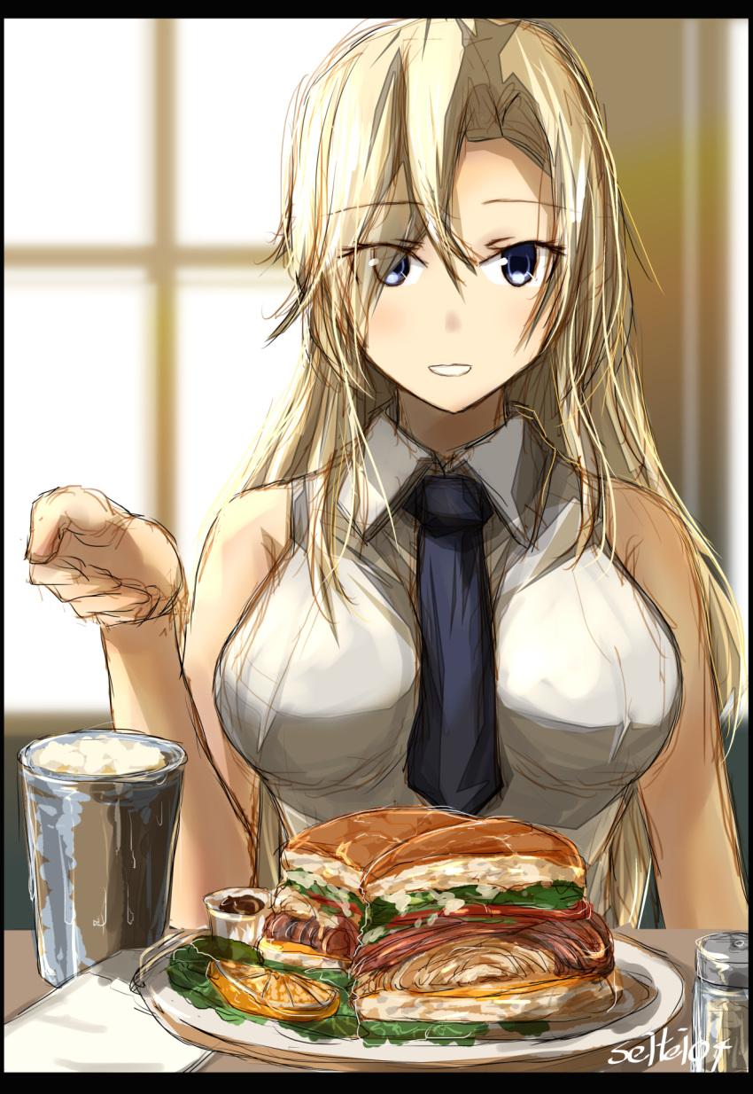 1girl blonde_hair blue_eyes food highres hornet_(kantai_collection) kantai_collection necktie sleeveless