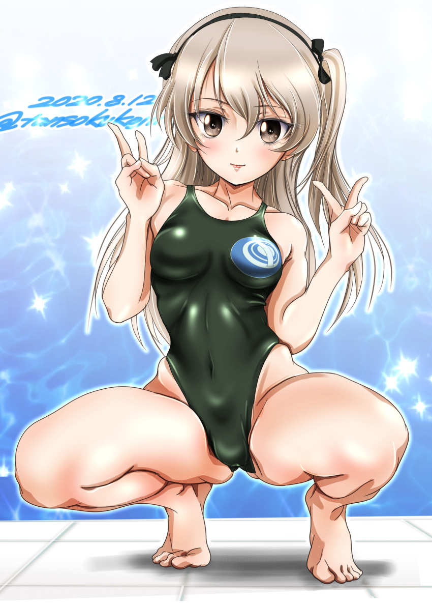 1girl absurdres barefoot black_hairband black_swimsuit blue_background breasts brown_eyes dated double_v girls_und_panzer hairband highleg highleg_swimsuit highres light_brown_hair logo long_hair looking_at_viewer one_side_up shimada_arisu small_breasts solo sparkle_background squatting swimsuit tomokoji twitter_username v