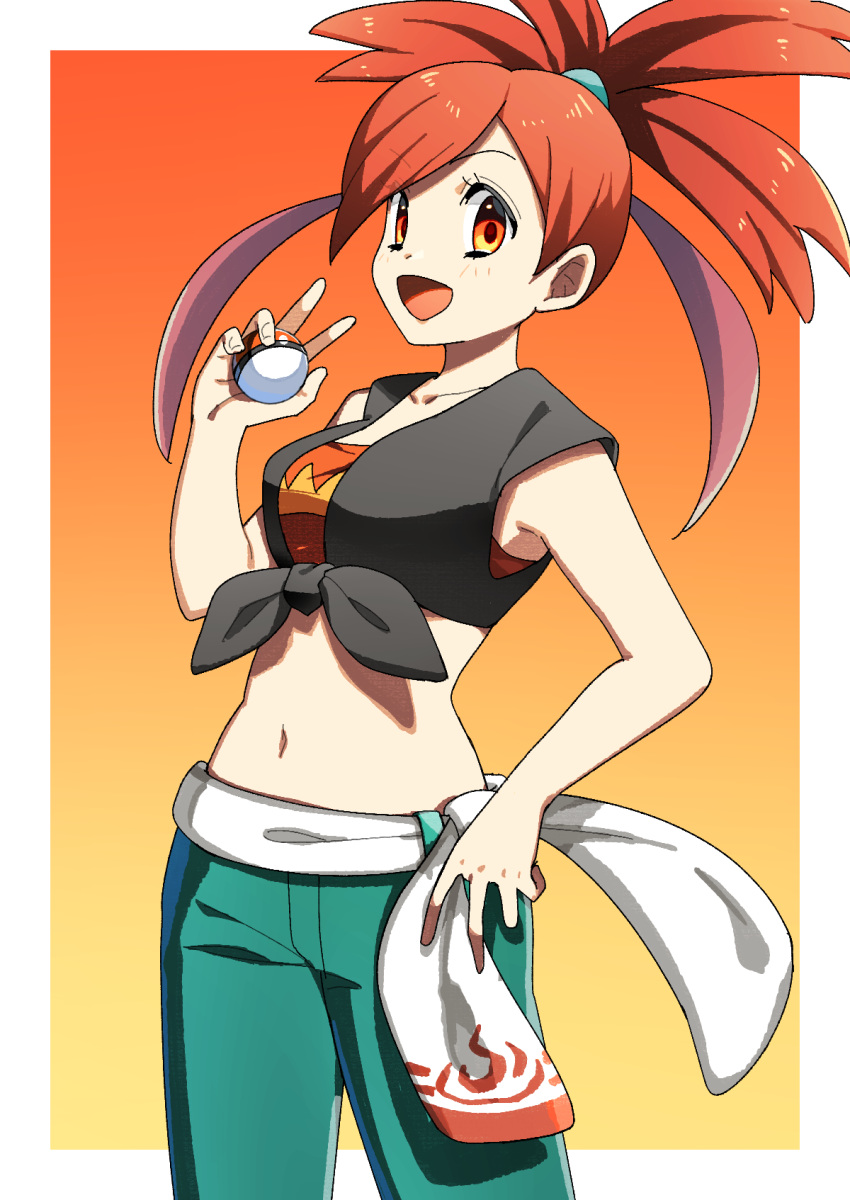 1girl asuna_(pokemon) border collarbone commentary_request eyebrows_visible_through_hair eyelashes gradient gradient_background green_pants hair_tie hand_on_hip hand_up highres holding holding_poke_ball looking_at_viewer navel open_mouth orange_eyes outside_border pants poke_ball poke_ball_(basic) pokemon pokemon_(game) pokemon_oras redhead shiny shiny_hair shirt sleeveless solo tied_hair tied_shirt tongue white_border yuihiko