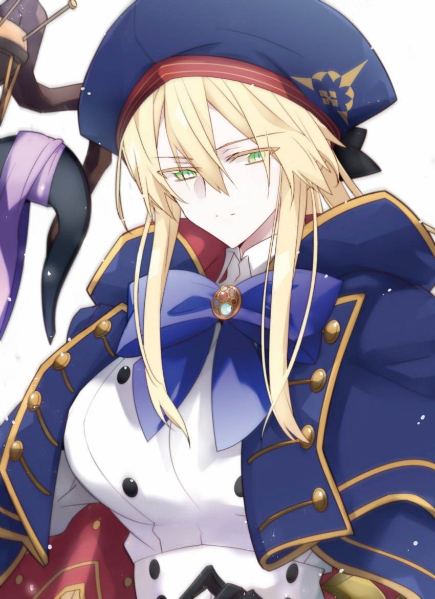 1girl artoria_pendragon_(all) artoria_pendragon_(caster) artoria_pendragon_(caster)_(cosplay) artoria_pendragon_(lancer) blonde_hair bow bowtie breasts eyebrows_visible_through_hair fate/grand_order fate_(series) green_eyes hair_between_eyes hat highres large_breasts long_hair long_sleeves looking_at_viewer nogi_(acclima) simple_background solo upper_body white_background