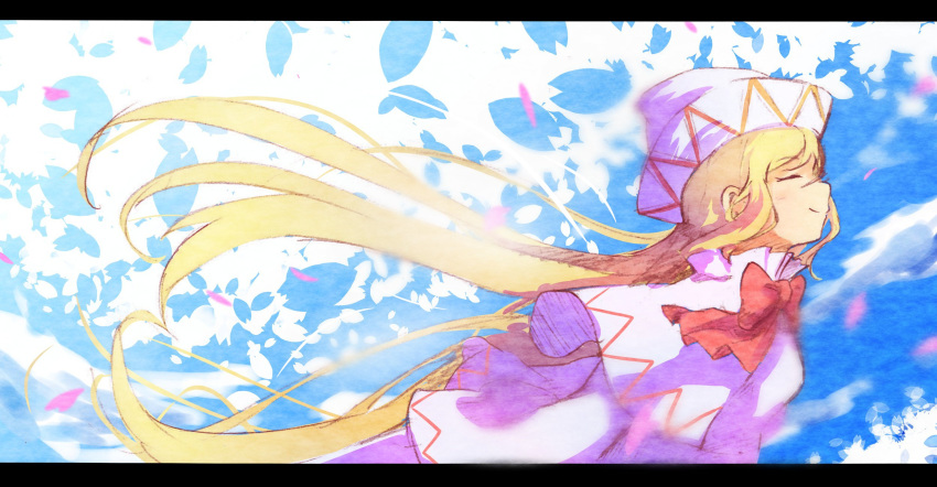 1girl blonde_hair blue_background bow bowtie capelet cherry_blossoms closed_eyes dress from_side hat highres lily_white long_hair long_sleeves petals red_neckwear smile solo tamiku_(shisyamo609) touhou white_background white_dress white_headwear wide_sleeves wind