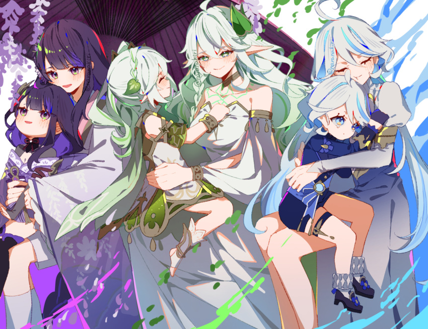 6+girls aged_down black_footwear black_gloves blue_dress blue_eyes blue_hair blue_jacket blue_shorts blunt_bangs blush bracelet braid breasts cape closed_eyes collarbone crossed_bangs detached_sleeves dress face-to-face focalors_(genshin_impact) furina_(genshin_impact) genshin_impact gloves gradient_dress gradient_hair green_cape green_dress green_hair hair_ornament head_rest heterochromia hug invisible_chair jacket japanese_clothes jewelry juliet_sleeves kimono kodona large_breasts leaf_hair_ornament light_blue_hair lolita_fashion long_hair long_sleeves looking_at_another makoto_(genshin_impact) mother_and_daughter multicolored_hair multiple_girls nahida_(genshin_impact) nara_nakiri oil-paper_umbrella open_mouth parted_bangs pointy_ears puffy_sleeves purple_hair purple_kimono raiden_shogun rukkhadevata_(genshin_impact) shorts shrug_(clothing) side_braid side_ponytail sidelocks sitting sitting_on_person sleeveless sleeveless_dress smile socks spoilers stirrup_footwear strapless strapless_dress streaked_hair tearing_up toeless_footwear twitter_username umbrella violet_eyes white_dress white_socks wide_sleeves