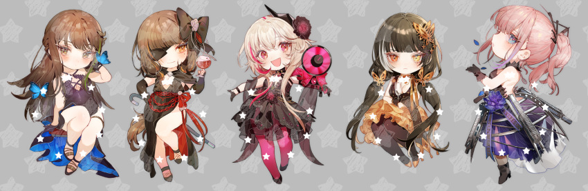 5girls :d bangs black_dress black_gloves black_hair blue_butterfly blue_eyes blunt_bangs blush bow brown_hair bug butterfly butterfly_hair_ornament character_request chibi closed_mouth commentary_request cup dress drinking_glass elbow_gloves eyelashes fingerless_gloves flower girls_frontline gloves hair_bow hair_flower hair_ornament hand_up holding holding_cup insect long_hair multicolored_hair multiple_girls open_mouth orange_eyes outstretched_arms pantyhose pink_hair pink_legwear red_eyes smile star_(symbol) streaked_hair tied_hair white_hair wine_glass zuizi
