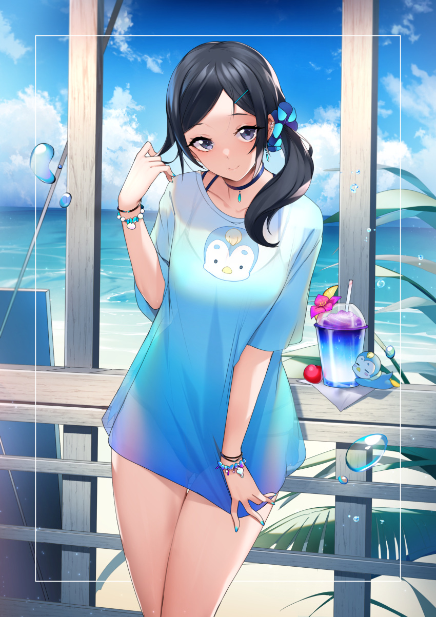 1girl absurdres animal_print bangs beach bead_bracelet beads bikini black_hair blue_bikini blue_eyes blue_nails bracelet breasts choker closed_mouth collarbone cup day gem gradient_shirt hair_ornament hair_scrunchie hairclip hand_up healin'_good_precure highres jewelry long_hair looking_at_viewer parted_bangs pegitan_(precure) precure rumo sawaizumi_chiyu scrunchie shirt side_ponytail smile solo standing swimsuit thighs