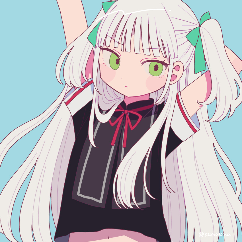 1girl absurdres arms_up bangs blue_background bow closed_mouth commentary_request eyebrows_visible_through_hair green_bow green_eyes hair_bow hair_over_shoulder highres long_hair neck_ribbon nokanok original red_ribbon ribbon short_sleeves simple_background solo twitter_username two_side_up upper_body v-shaped_eyebrows white_hair
