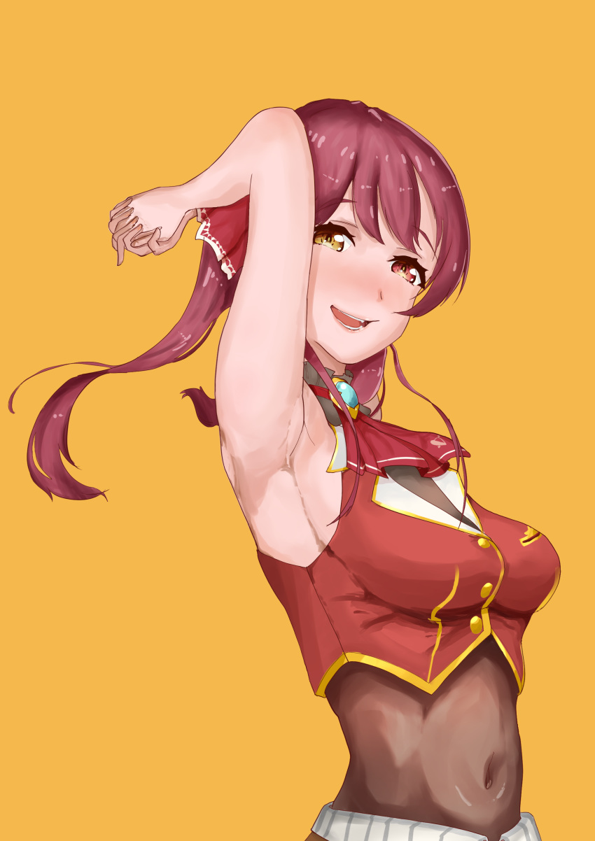 1girl absurdres armpits bodystocking breasts heterochromia highres hololive houshou_marine jacket lezy_lemon_cat long_hair open_mouth red_eyes red_jacket redhead sleeveless twintails virtual_youtuber yellow_eyes