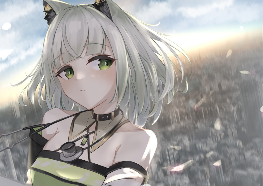 1girl animal_ear_fluff animal_ears arknights bangs bare_shoulders blue_sky blunt_bangs blush cat_ears city closed_mouth collarbone day detached_collar detached_sleeves dress eyebrows_visible_through_hair green_dress green_eyes highres kal'tsit_(arknights) looking_at_viewer outdoors petals short_hair silver_hair sky solo stethoscope sunlight unidon_48 upper_body