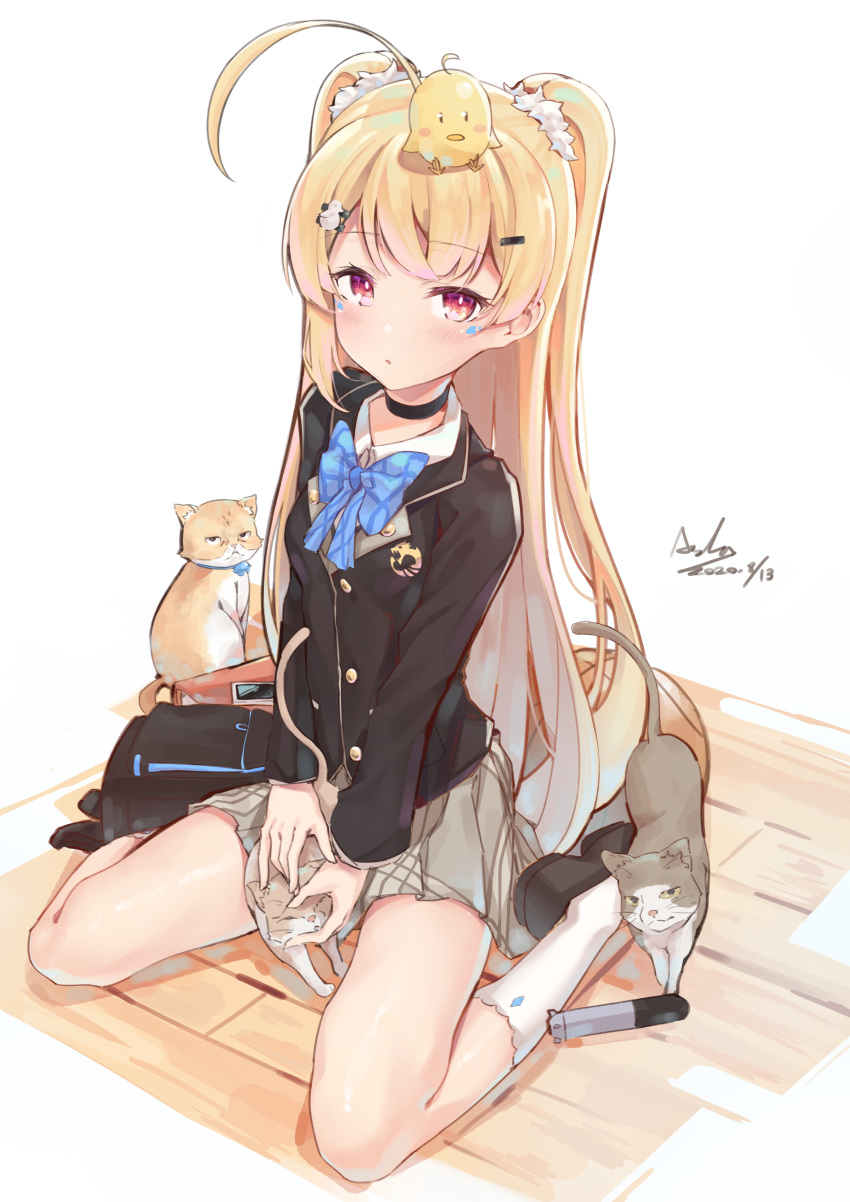 1girl absurdres ahoge animal animal_on_head asla_yu azur_lane bag bangs between_legs bird bird_on_head black_bag black_choker black_footwear black_jacket blonde_hair blue_neckwear blush bow bowtie breasts buttons cat choker collared_shirt commentary_request dated eldridge_(azur_lane) facial_mark hair_ornament hairclip highres jacket long_hair long_sleeves looking_at_viewer multiple_cats on_head petting pleated_skirt red_eyes shirt shoes signature sitting skirt small_breasts socks solo striped striped_neckwear twintails very_long_hair wariza white_background white_legwear white_shirt wooden_floor