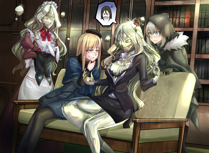 4girls absurdres anger_vein angry animal_ears black_headwear black_skirt blue_coat blue_jacket breasts brown_gloves bunnysuit cape cloak coat commentary english_commentary eyebrows_visible_through_hair fate/grand_order fate_(series) formal fur-trimmed_cloak fur_trim genderswap genderswap_(mtf) gloves golem gray_(lord_el-melloi_ii) grey_cape grey_flower grey_rose grey_skin grin highres hood hooded hooded_cape hooded_cloak huge_filesize ibenz009 jacket long_hair lord_el-melloi_ii lord_el-melloi_ii_case_files maid mercury_(element) metal_skin miniskirt monsterification multiple_girls office_lady older pencil_dress pencil_skirt rabbit_ears reflection reines_el-melloi_archisorte shiny shiny_skin skirt skirt_suit smile suit teacher tilted_headwear transformation trimmau type-moon volumen_hydragyrum waver_velvet