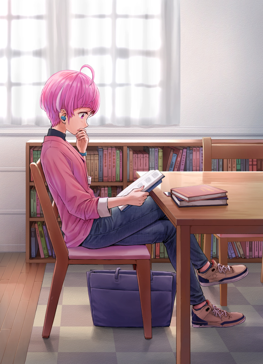 1girl ahoge blue_pants brown_footwear crossed_legs earphones from_side full_body highlights highres holding hoshina_hikaru indoors itou_shin'ichi long_sleeves multicolored_hair pants pink_hair pink_shirt precure reading red_eyes shiny shiny_hair shirt shoes short_hair sitting sneakers solo star_twinkle_precure wireless_earphones