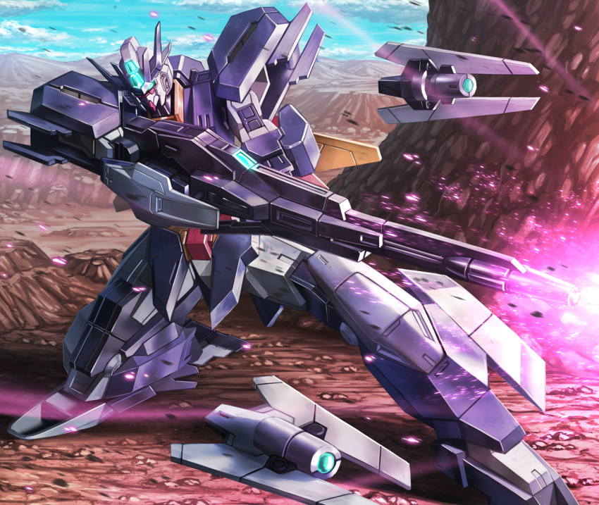 amasaki_yusuke armor clouds firing glowing glowing_eyes gun gundam gundam_build_divers gundam_build_divers_re:rise laser_beam mountain rifle rock sky sniper sniper_rifle squatting uraven_gundam weapon