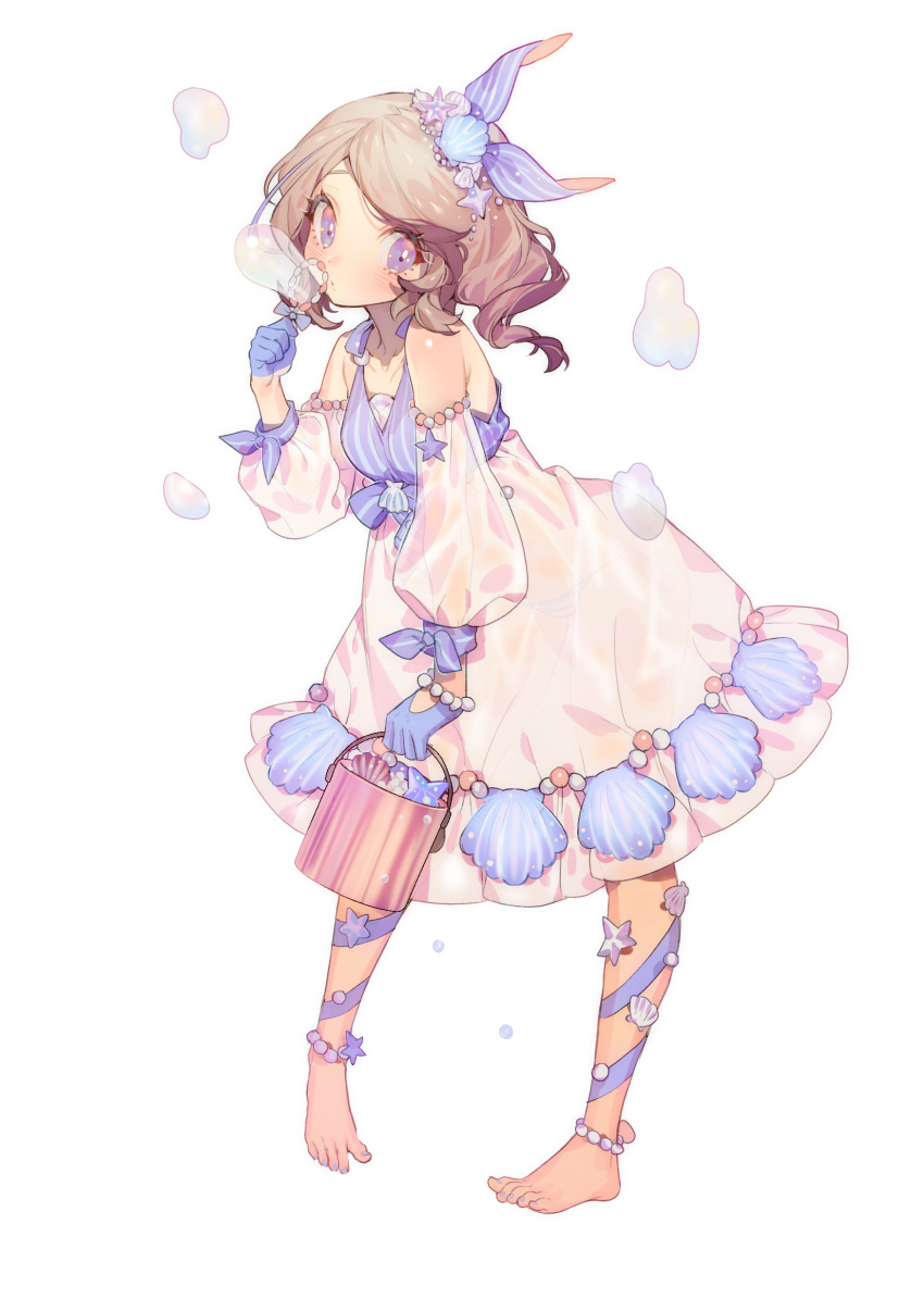 1girl absurdres anklet barefoot blue_gloves blush bracelet brown_hair bubble_blowing bucket character_request commentary_request copyright_request detached_sleeves dress eyelashes gloves hair_ornament hand_up highres holding holding_bucket jewelry leaning_forward leg_ribbon long_hair looking_at_viewer ribbon seashell seashell_hair_ornament shell simple_background solo toes white_background zuizi