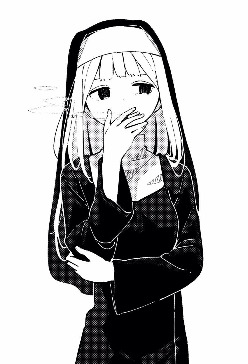 1girl arm_up cigarette greyscale hand_on_own_shoulder highres holding holding_cigarette long_sleeves looking_to_the_side minamito monochrome nun original robe simple_background smoking solo turtleneck veil