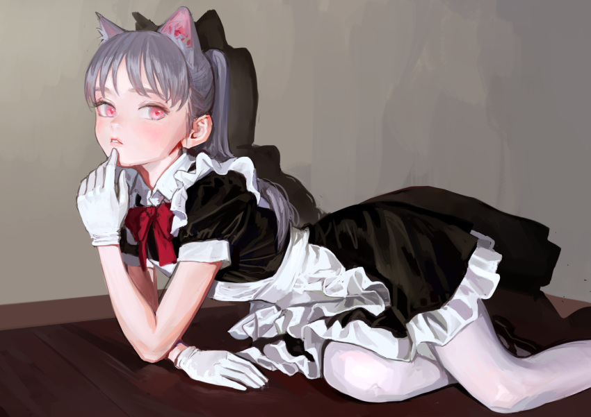 1girl animal_ears apron arm_support bangs blush cat_ears drop_shadow extra_ears finger_to_mouth fkey frilled_apron frills gloves grey_hair lips looking_at_viewer lying maid on_floor original pantyhose parted_lips pink_eyes ponytail puffy_short_sleeves puffy_sleeves ribbon short_sleeves skirt solo symbol_commentary white_apron white_gloves white_legwear