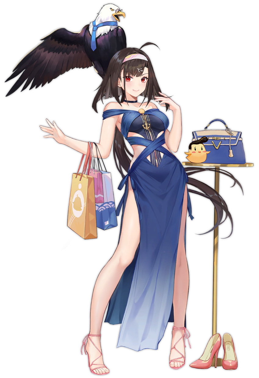 1girl ahoge anchor_hair_ornament animal atdan azur_lane bag bald_eagle bare_arms bare_legs bare_shoulders bird black_choker black_hair blue_dress breasts chick choker dress eagle full_body glasses gradient gradient_dress hair_ornament hairband hand_up handbag high_heels highres independence_(azur_lane) independence_(the_independent_line)_(azur_lane) large_breasts long_hair looking_at_viewer low_ponytail manjuu_(azur_lane) necktie off-shoulder_dress off_shoulder official_art paper_bag pelvic_curtain red_eyes revealing_clothes sandals side_cutout smile solo standing table thighs transparent_background very_long_hair