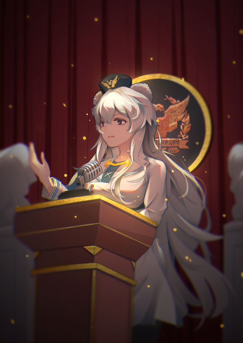 1girl absurdres animal_ears arknights bangs bear_ears chinese_commentary commentary_request cowboy_shot dress grey_eyes hat highres huge_filesize long_hair long_sleeves parted_lips rosa_(arknights) silver_hair solo standing ursus_empire_logo very_long_hair white_dress xgbghost