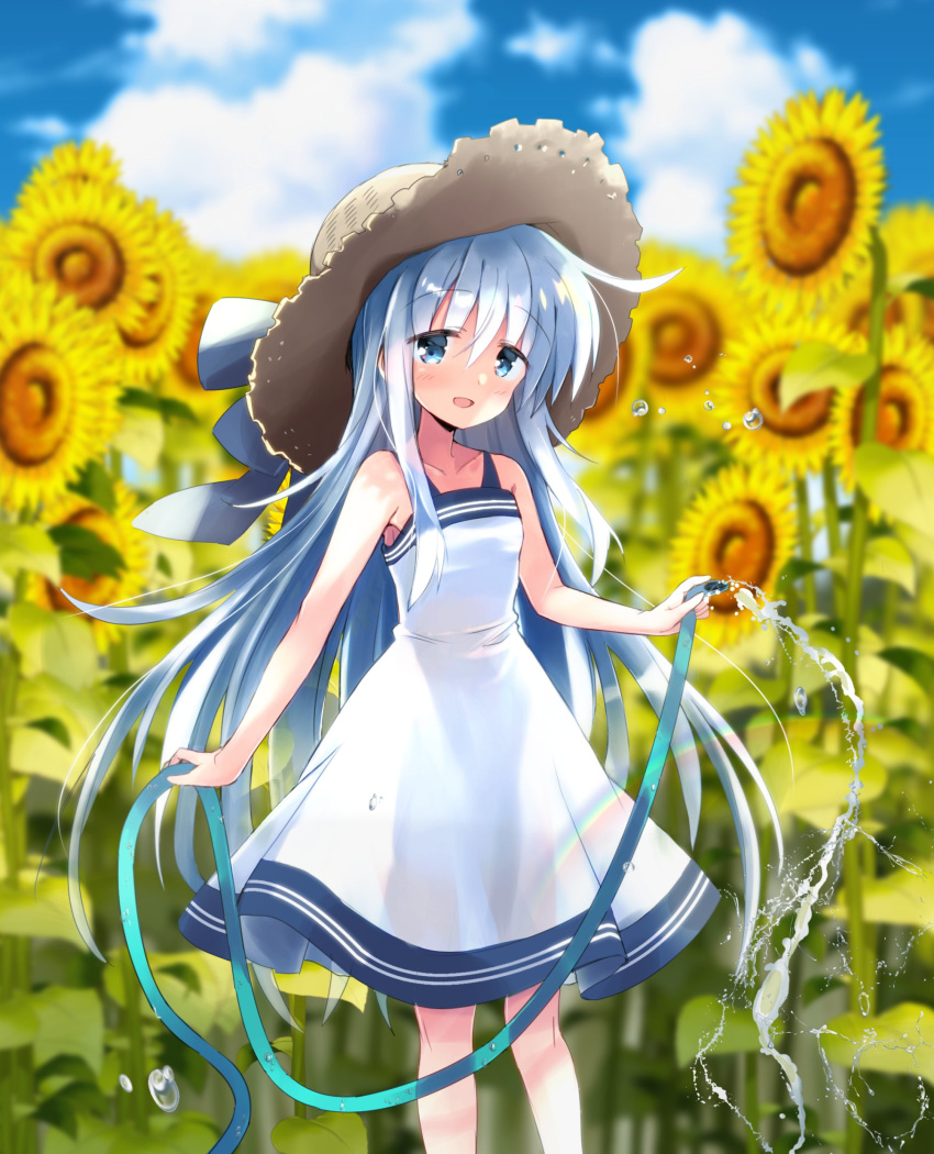 1girl absurdres bangs blue_eyes blurry blurry_background blush brown_headwear clouds day dress eyebrows_visible_through_hair flower hat hibiki_(kantai_collection) highres hizuki_yayoi holding holding_hose hose kantai_collection long_hair open_mouth outdoors rainbow silver_hair sky solo sun_hat sunflower water white_dress yellow_flower