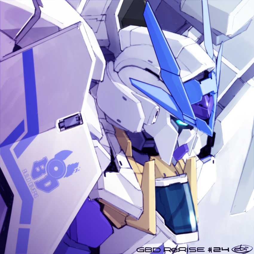 blue_eyes commentary_request copyright_name ebikawa_kanetake emblem english_text episode_number group_name gundam gundam_00_sky_moebius gundam_build_divers gundam_build_divers_re:rise highres insignia logo mecha no_humans official_art signature upper_body