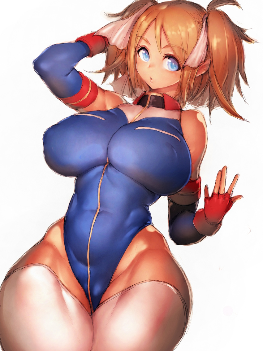 1girl breasts brown_hair covered_navel covered_nipples curvy fumio_(rsqkr) gundam gundam_0079_card_builder highres huge_breasts looking_at_viewer parted_lips reiko_holinger simple_background solo thick_thighs thigh-highs thighs twintails white_background white_legwear wide_hips