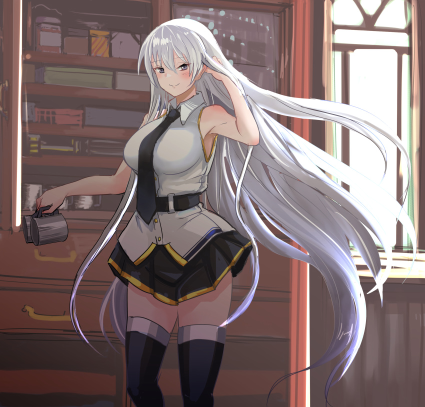 1girl azur_lane belt black_belt black_legwear black_neckwear breasts collared_shirt commentary_request cup cupboard enterprise_(azur_lane) eyebrows_visible_through_hair feet_out_of_frame hey_taishou highres holding holding_cup indoors large_breasts long_hair miniskirt necktie shirt silver_hair skirt sleeveless sleeveless_shirt smile solo thigh-highs underbust violet_eyes window