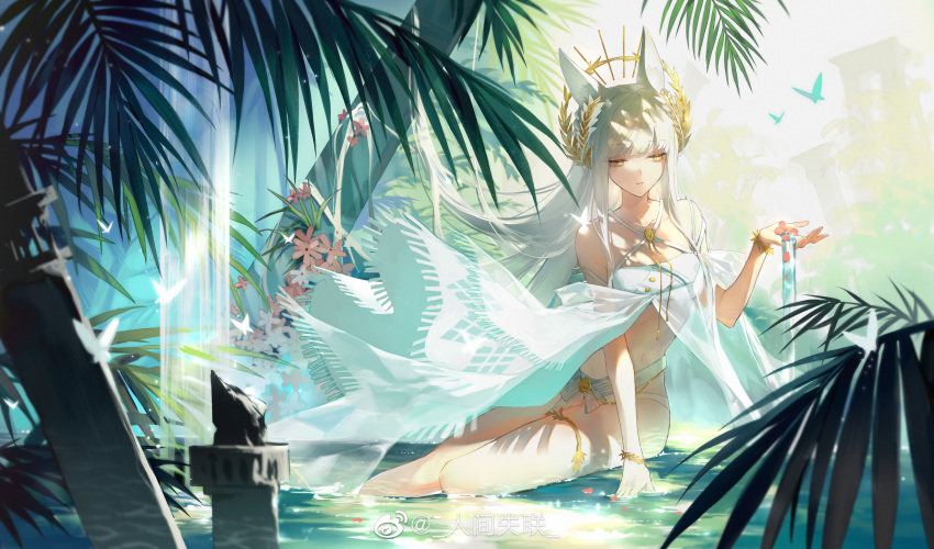 1girl absurdres alternate_costume animal_ears arknights arm_support artist_request bangs bikini bracelet breasts brown_eyes day hand_up highres horse_ears jewelry laurel_crown long_hair looking_at_hand medium_breasts navel outdoors platinum_(arknights) see-through sitting solo sunlight swimsuit thighlet thighs very_long_hair water wet white_bikini white_hair