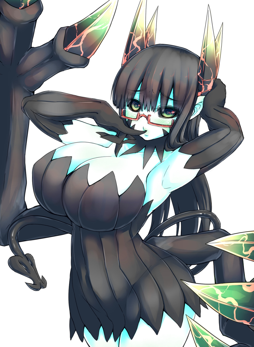 1girl alternate_costume black_dress black_gloves black_hair blue_skin breasts curvy demon_girl demon_wings detached_sleeves dress energy finger_to_mouth glasses gloves green_eyes highres huge_breasts juugoya_(zyugoya) merii_(musuko_ga_kawaikute_shikatanai_mazoku_no_hahaoya) musuko_ga_kawaikute_shikatanai_mazoku_no_hahaoya semi-rimless_eyewear thighs transformation under-rim_eyewear white_background wings