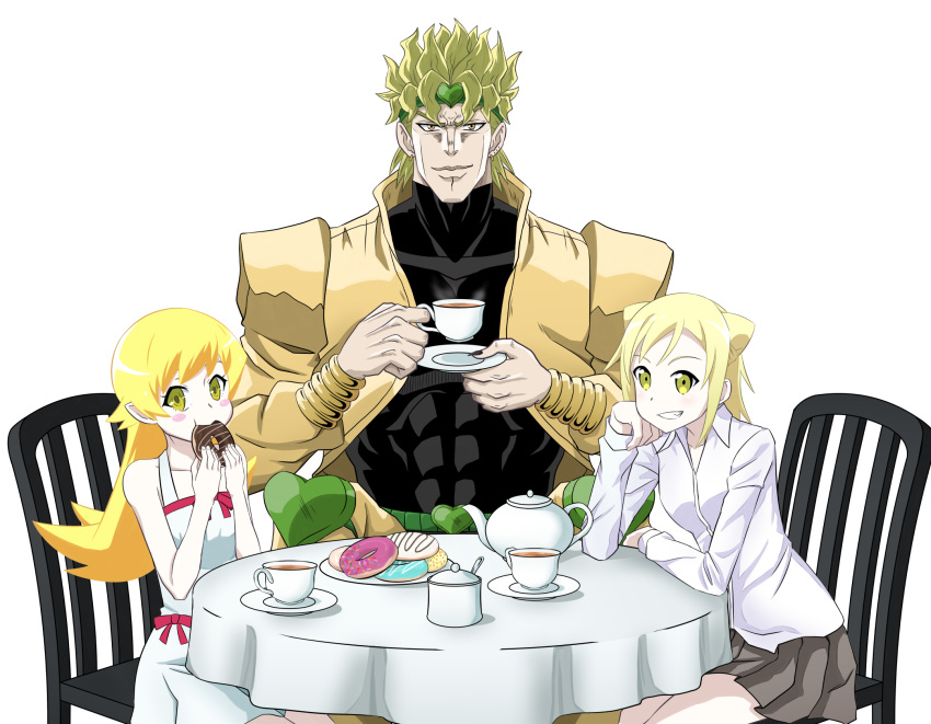 1boy 2girls awesumusprime blonde_hair blush_stickers breasts chair closed_mouth crossover cup demi-chan_wa_kataritai dio_brando doughnut eating english_commentary food grey_skirt grin highres holding holding_cup jojo_no_kimyou_na_bouken long_hair long_sleeves looking_at_viewer monogatari_(series) multiple_crossover multiple_girls muscle oshino_shinobu plate short_hair simple_background sitting skirt small_breasts smile stardust_crusaders table takanashi_hikari tea tea_party teeth trait_connection vampire white_background yellow_eyes