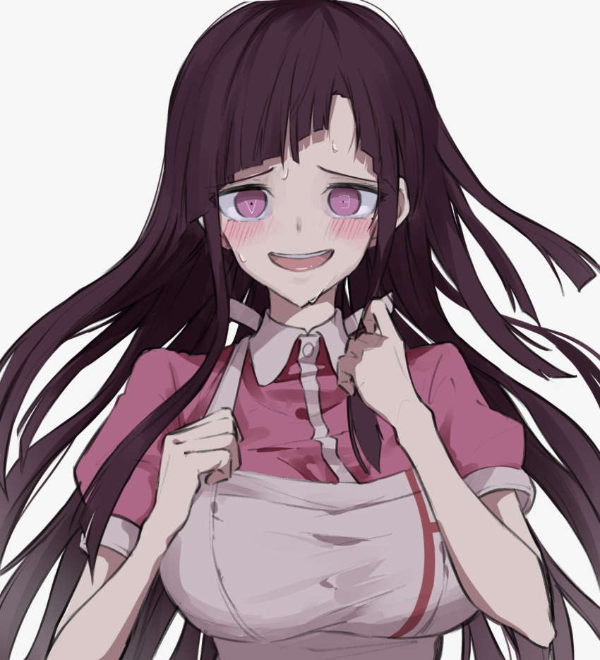 1girl apron bangs bare_arms blush clenched_hands commentary_request cosplay dangan_ronpa forced_smile grey_background highres iumi_urura long_hair looking_at_viewer nervous new_dangan_ronpa_v3 open_mouth pink_shirt puffy_short_sleeves puffy_sleeves purple_hair shirogane_tsumugi shirt short_sleeves simple_background smile solo spoilers super_dangan_ronpa_2 sweat symbol-shaped_pupils tsumiki_mikan tsumiki_mikan_(cosplay) upper_body violet_eyes