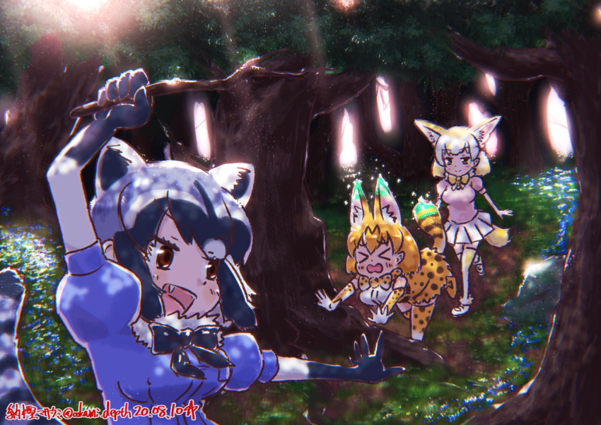 3girls :d animal_ear_fluff animal_ears arm_up black_hair blonde_hair blue_shirt bow bowtie brown_eyes commentary_request common_raccoon_(kemono_friends) dated day elbow_gloves extra_ears fang fennec_(kemono_friends) forest fox_ears fox_tail fur_collar gloves grey_hair holding holding_stick kemono_friends multicolored_hair multiple_girls nature open_mouth outdoors pink_shirt pleated_skirt print_bow print_gloves print_legwear print_neckwear print_skirt puffy_short_sleeves puffy_sleeves raccoon_ears raccoon_tail serval_(kemono_friends) serval_ears serval_print serval_tail shirt short_sleeves skirt smile stick tail thigh-highs tree tripping twitter_username white_skirt xo yonaka-nakanoma