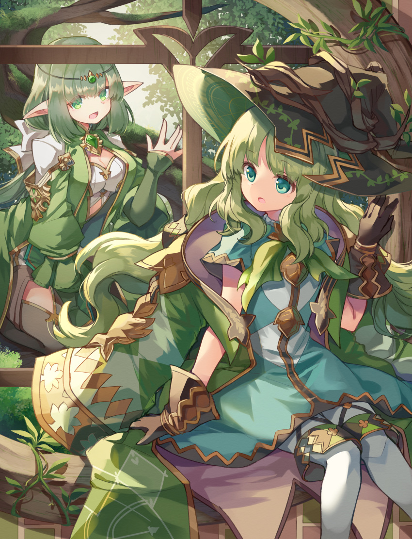 2girls :d :o absurdres aljae_(p&amp;d) alynna_(p&amp;d) circlet dress gloves green_hair hat highres jewelry kuuron_(moesann17) long_hair multiple_girls necklace open_mouth plant pointy_ears puzzle_&amp;_dragons sitting smile tree vines waving witch_hat