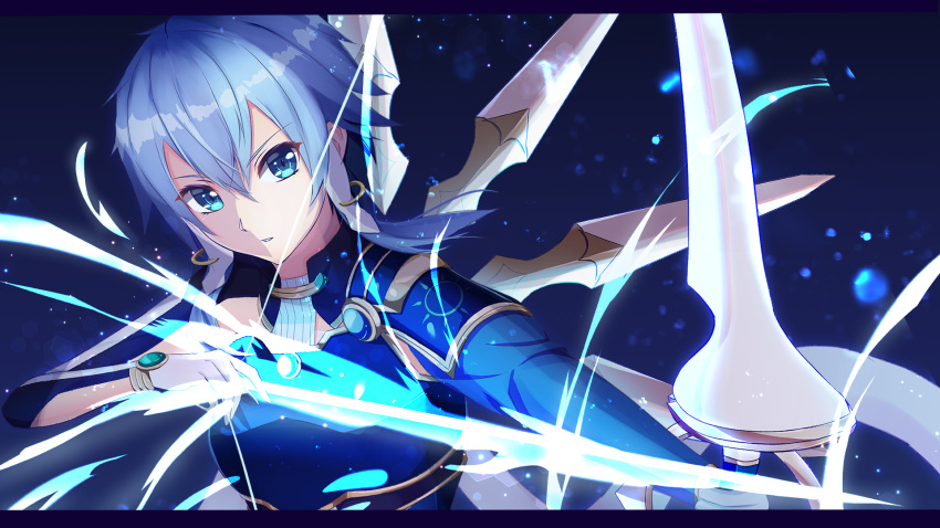 1girl armor arrow_(projectile) asymmetrical_sleeves bangs blue_background blue_eyes blue_hair blue_sleeves bow_(weapon) breastplate gloves hair_between_eyes highres holding holding_arrow holding_bow_(weapon) holding_weapon masamune_tokunaga parted_lips shiny shiny_hair short_hair_with_long_locks shoulder_armor sidelocks sinon_(solus) solo sword_art_online sword_art_online:_alicization upper_body weapon white_gloves