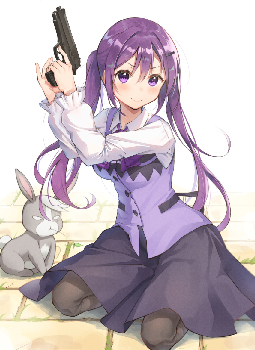 1girl bangs black_legwear black_skirt blush closed_mouth collared_shirt floating_hair gochuumon_wa_usagi_desu_ka? gun hair_between_eyes handgun highres holding holding_gun holding_weapon kneeling long_hair long_sleeves looking_at_viewer medium_skirt pantyhose purple_hair purple_neckwear purple_vest rabbit rabbit_house_uniform shiny shiny_hair shirt skirt smile solo tedeza_rize twintails very_long_hair vest violet_eyes weapon white_shirt wild_geese wing_collar yujongzzang