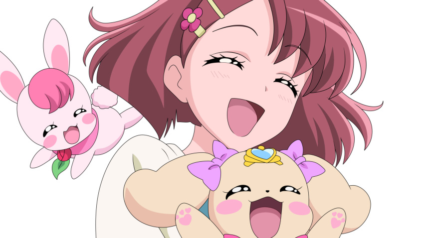 1girl :d bangs bow brown_hair closed_eyes dearigazu2001 eyebrows_visible_through_hair floating_hair flower hair_between_eyes hair_flower hair_ornament hairclip hanadera_nodoka healin'_good_precure highres latte_(precure) open_mouth pink_bow precure rabirin_(precure) red_flower shiny shiny_hair shirt short_hair simple_background smile solo upper_body white_background white_shirt