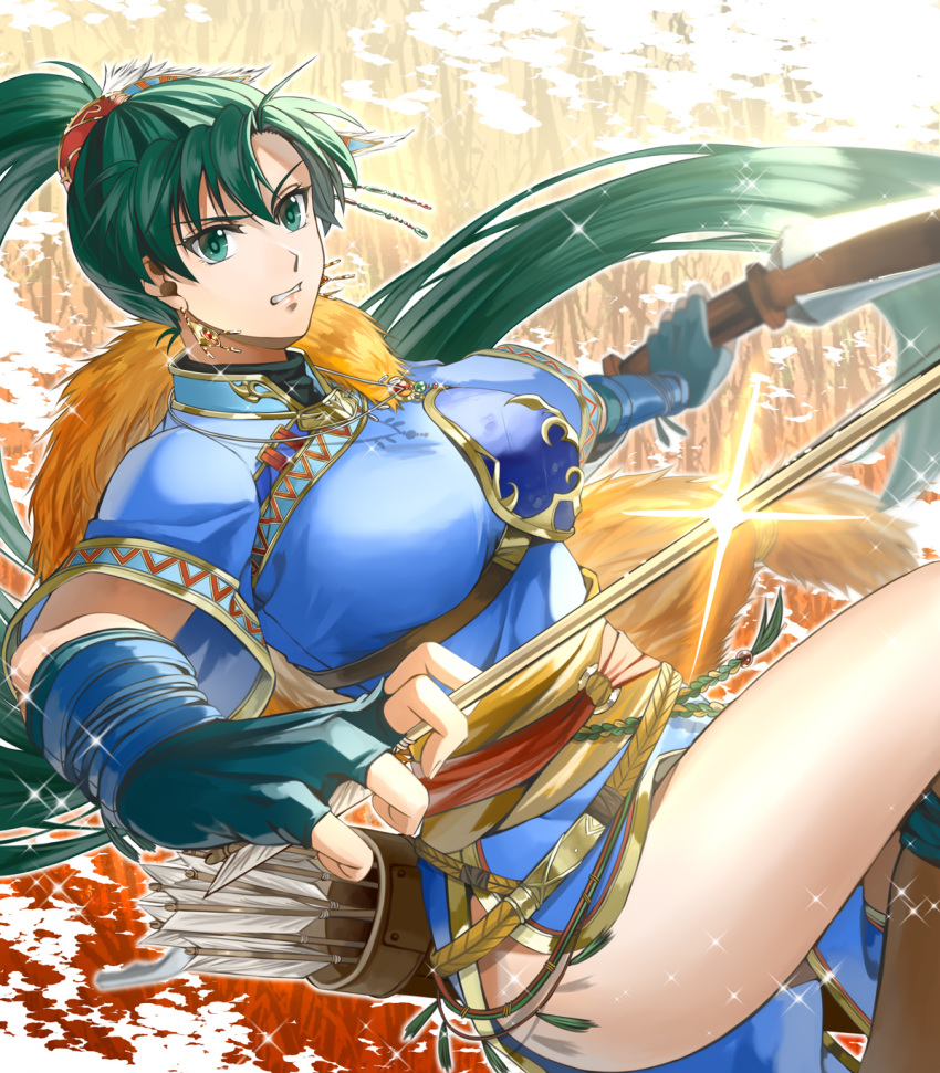 1girl arrow_(projectile) blurry bow_(weapon) clenched_teeth delsaber depth_of_field earrings fingerless_gloves fire_emblem fire_emblem:_the_blazing_blade fire_emblem_heroes fur_trim gloves green_eyes green_hair highres jewelry long_hair looking_at_viewer lyn_(fire_emblem) necklace ponytail quiver rope_belt solo teeth thighs weapon