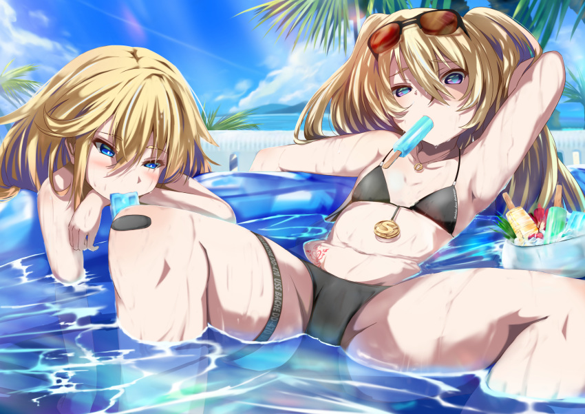 2girls arm_behind_head armpits azur_lane bache_(azur_lane) bangs bare_shoulders bikini black_bikini blonde_hair blue_eyes blue_sky blush bowl breasts clouds collarbone commentary_request day eyebrows_visible_through_hair eyewear_on_head food food_in_mouth groin hair_between_eyes heart heart-shaped_pupils highres horizon long_hair looking_at_viewer midriff multiple_girls navel ocean outdoors palm_leaf partially_submerged popsicle pubic_tattoo shimofuji_jun sidelocks sitting sky small_breasts smalley_(azur_lane) summer sunglasses sunlight sweat swimsuit symbol-shaped_pupils tattoo thigh_strap two_side_up violet_eyes wading_pool water