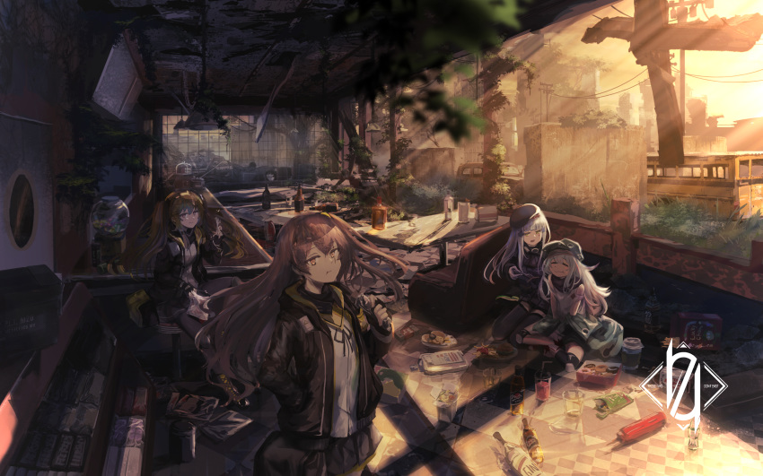404 404_(girls_frontline) 4girls absurdres alcohol ammo_box aritsuno background_text bag bag_of_chips bangs bar_stool beret black_footwear black_gloves black_jacket black_legwear black_neckwear black_ribbon black_shorts black_skirt blue_sky blunt_bangs blush boots brown_eyes brown_hair building bus bush car ceiling cereal chair chinese_food chocolate closed_eyes closed_mouth clouds cloudy_sky collarbone combat_boots commentary commentary_request concrete couch counter cross_hair_ornament crossed_legs cup diner door doughnut drink drinking_glass eating energy_drink english_text evening eyebrows_visible_through_hair facial_mark feeding feet_together fingerless_gloves food fork french_fries g11_(girls_frontline) gin girls_frontline gloves goggles goggles_around_neck grass green_eyes green_headwear green_jacket grey_hair ground_vehicle hair_ornament hair_over_shoulder hair_ribbon hairclip hamburger hands_in_pocket hanging_light hat head_tilt headband highres hk416_(girls_frontline) holding holding_bag holding_chocolate holding_food holding_fork http_status_code indoors jacket ketchup ketchup_bottle kitchen knee_guards knee_pads lamp leaning leaning_forward legs_together long_hair long_jacket looking_at_another looking_at_viewer loose_clothes loose_shirt lounge_chair miniskirt motor_vehicle multiple_girls neck_ribbon neckwear noodles on_chair on_stool open_clothes open_jacket pantyhose partial_commentary plant plate pleated_skirt pot purple_jacket purple_scarf rations red_footwear red_headband ribbon ruins scar scar_across_eye scarf school_bus shadow shirt shoes short_shorts shorts side_ponytail sidelocks silver_hair sitting skirt sky skyscraper sleeveless sleeveless_shirt smile smoothie standing stool sunlight sunset table tagme tattoo teardrop teardrop_tattoo thigh-highs tree twintails ump45_(girls_frontline) ump9_(girls_frontline) urban utility_pole van wariza whiskey white_gloves white_shirt yellow_eyes