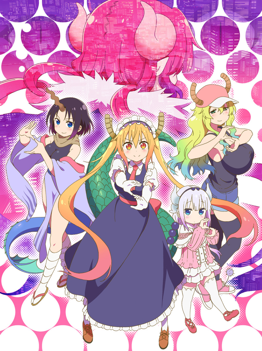 5girls artist_request baseball_cap beads black_dress black_hair blonde_hair blue_eyes breasts capelet dragon_girl dragon_horns dragon_tail dress elbow_gloves elma_(maidragon) frilled_capelet frills gloves gradient_hair green_hair hair_beads hair_ornament hat heterochromia highres horns horns_through_headwear huge_breasts iruru kanna_kamui key_visual kobayashi-san_chi_no_maidragon lavender_hair long_hair looking_at_viewer maid maid_headdress multicolored_hair multiple_girls official_art orange_eyes orange_hair pink_dress pink_headwear puffy_short_sleeves puffy_sleeves quetzalcoatl_(maidragon) short_hair short_sleeves single_horn slit_pupils standing tail tank_top thigh-highs tooru_(maidragon) twintails wavy_hair white_gloves white_legwear