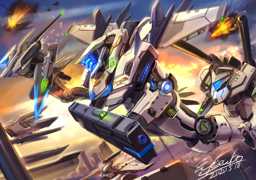 energy_blade explosion flying glowing gun highres holding holding_gun holding_weapon kenko_(a143016) mecha mechanical_wings no_humans original shoulder_cannon signature visor weapon wings