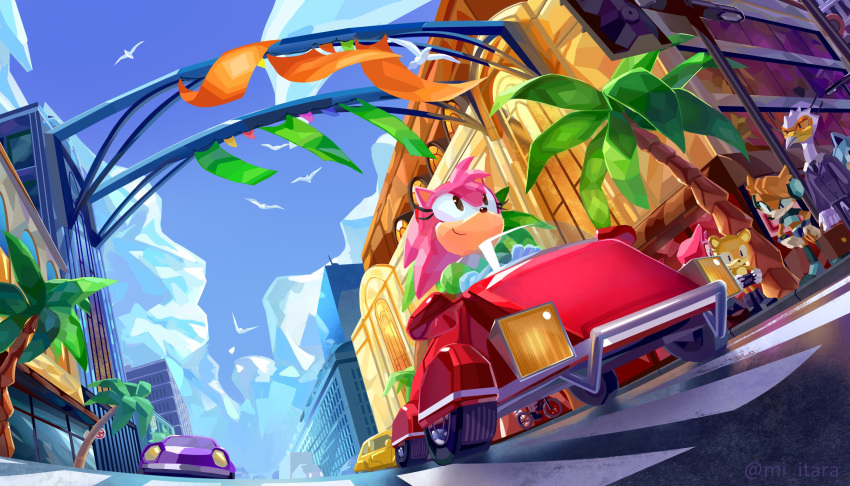 amy_rose animal_ears artist_name awning beak bird blue_sky briefcase brown_eyes building car city cityscape clouds cloudy_sky collared_shirt crop_top crosswalk day driving extra eyelashes fisheye flying foreshortening formal gloves green_shirt ground_vehicle hairband headlight headphones hedgehog_ears highres holding holding_briefcase looking_at_another looking_away miitara motor_vehicle necktie outdoors palm_tree polygonal puffy_short_sleeves puffy_sleeves red_hairband road shirt short_sleeves side_mirror sitting sky skyscraper smile solo_focus sonic_r sonic_the_hedgehog standing street suit tire tree twitter_username wheel white_gloves wind window windshield wing_collar