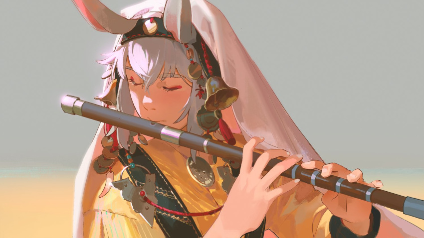 1boy animal_ears bangs bell closed_eyes closed_mouth eyeshadow flute hair_between_eyes hair_ornament holding holding_instrument instrument jewelry makeup male_focus medium_hair original pixiescout portrait rabbit_ears sidelocks simple_background solo symbol_commentary tassel veil white_hair