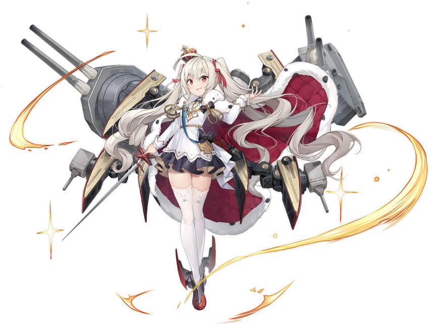 1girl ahoge azur_lane black_skirt boqboq cape crown full_body fur-trimmed_cape fur_trim hair_ribbon hand_up highres holding holding_sword holding_weapon long_hair long_sleeves looking_at_viewer machinery miniskirt official_art open_mouth rapier red_eyes ribbon rudder_footwear shirt silver_hair skirt smile solo standing sword thigh-highs transparent_background turret twintails valiant_(azur_lane) very_long_hair weapon white_legwear white_shirt zettai_ryouiki