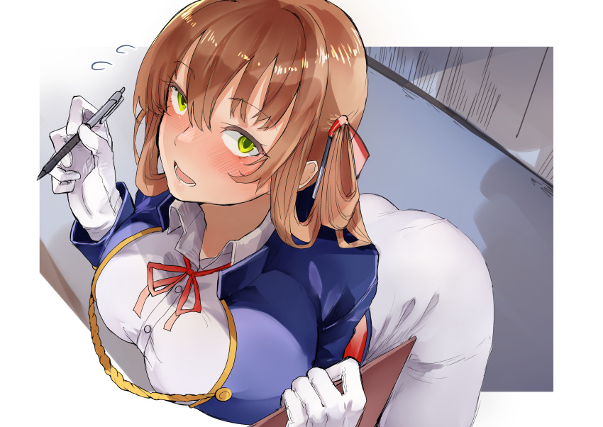 1girl ass blue_jacket blush breasts brown_hair clipboard from_above girls_frontline gloves green_eyes hair_tie highres indoors jacket kyoyakyo large_breasts leaning_forward long_hair long_sleeves looking_at_viewer m1903_springfield_(girls_frontline) open_mouth pants pen solo white_gloves white_pants