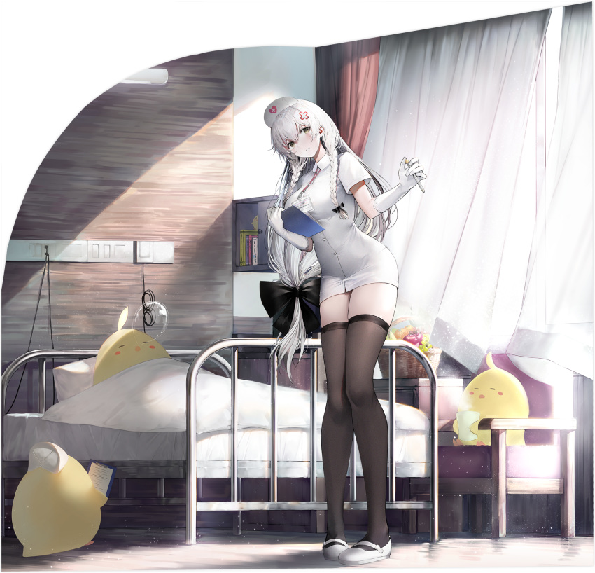 1girl azur_lane basket bed bird bow braid brown_legwear bubble buttons chick curtains dress_shirt food fruit full_body gloves hair_bow haori_iori hat hermione_(azur_lane) hermione_(pure_white_angel)_(azur_lane) highres holding hospital_bed id_card indoors long_hair looking_at_viewer low-tied_long_hair manjuu_(azur_lane) mary_janes nurse nurse_cap official_art parted_lips shirt shoes short_sleeves smile solo standing taut_clothes taut_shirt thigh-highs thighs transparent_background twin_braids very_long_hair white_footwear white_gloves white_hair white_headwear white_shirt wing_collar yellow_eyes zettai_ryouiki