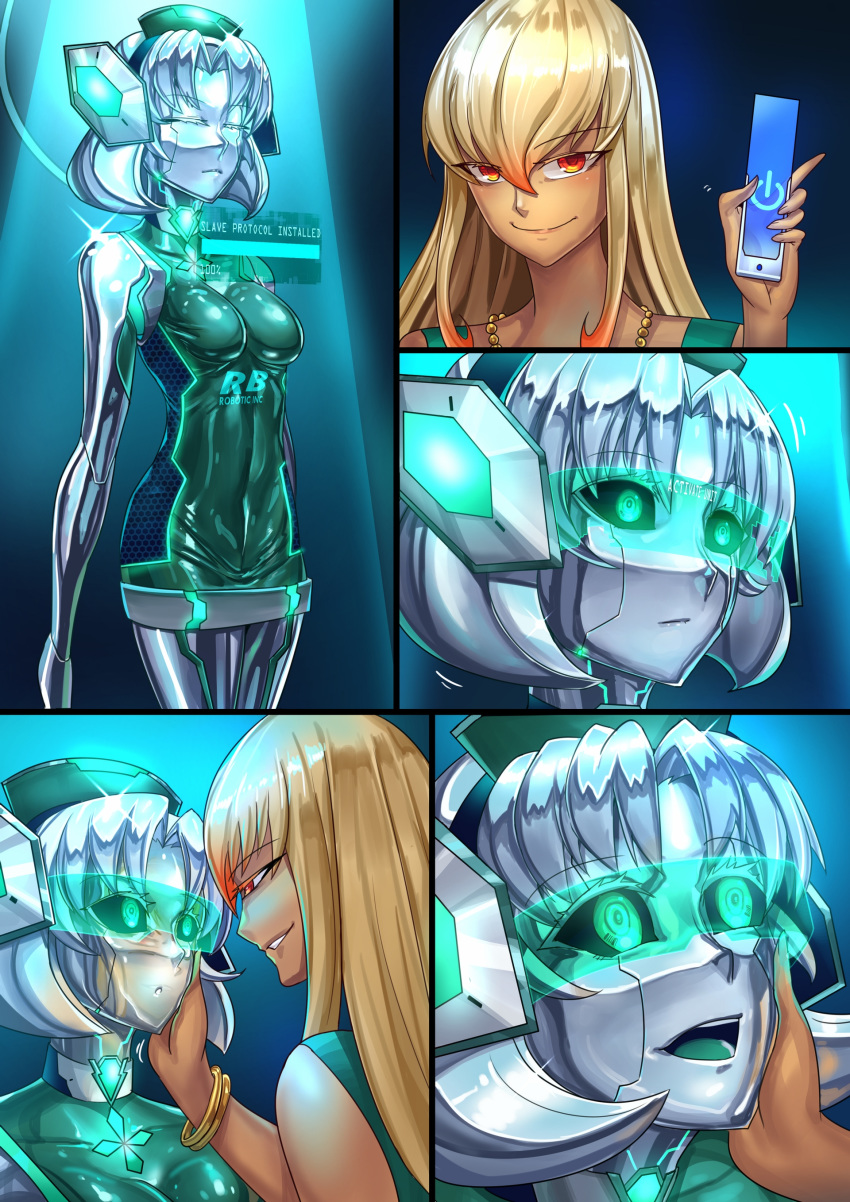 2girls :d absurdres android black_sclera blonde_hair bracelet brainwashing choker closed_eyes commission dark_skin dress english_commentary eyebrows_visible_through_hair glowing glowing_eyes green_eyes grin hand_on_another's_cheek hand_on_another's_face headgear highres hologram hououji_fuu ibenz009 jewelry loading_screen looking_at_another magic_knight_rayearth mechanization medium_hair metal_skin multiple_girls necklace open_mouth power_symbol shiny shiny_skin skin_tight smile visor