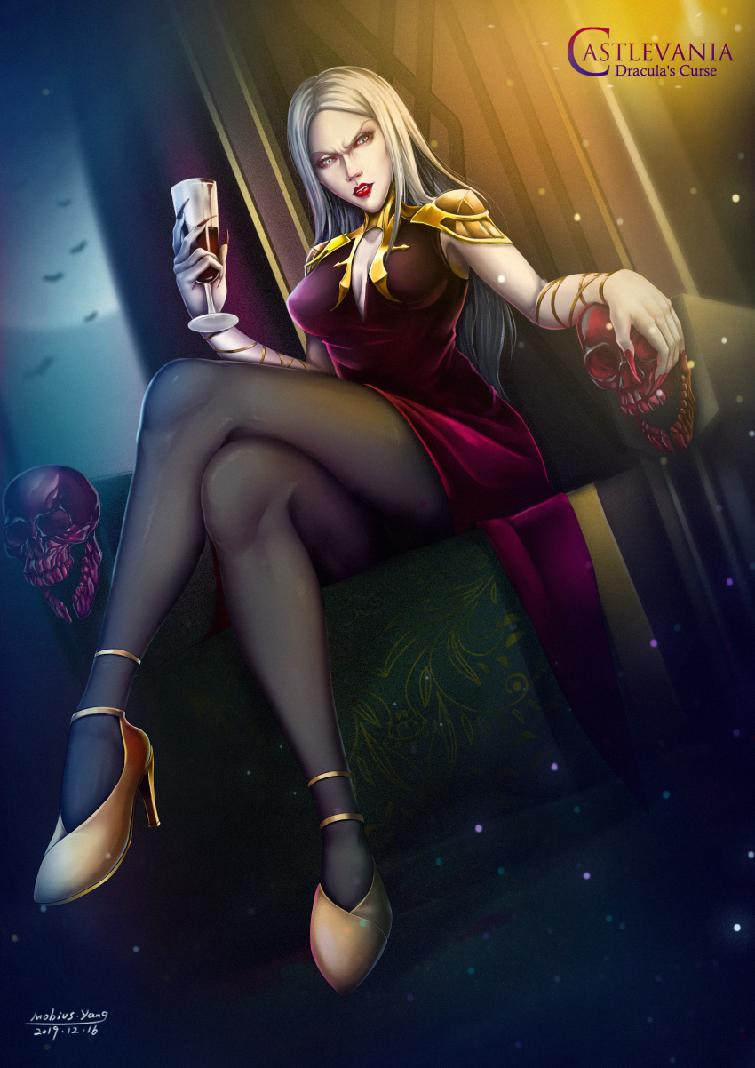1girl absurdres blue_eyes carmilla castlevania castlevania_(netflix) dress fingernails highres lipstick long_hair looking_at_viewer makeup mobius_yang pale_skin red_lips red_lipstick red_nails sitting skull solo throne vampire white_hair