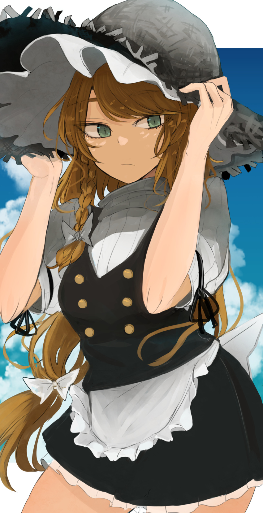 1girl absurdres apron arm_ribbon arms_up bangs black_dress black_headwear black_ribbon black_vest blonde_hair bow braid buttons closed_mouth clouds dress dress_bow eyebrows_visible_through_hair frilled_dress frilled_hat frills green_eyes hair_bow hat highres holding holding_clothes holding_hat kirisame_marisa long_hair looking_to_the_side ne_kuro outdoors ribbon shirt short_sleeves single_braid sky solo straw_hat touhou upper_body vest waist_apron white_bow white_frills white_shirt white_sleeves